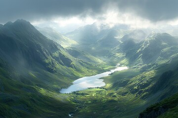 Wall Mural - Aerial View of a Serpentine Lake Nestled in a Lush Green Mountain Valley