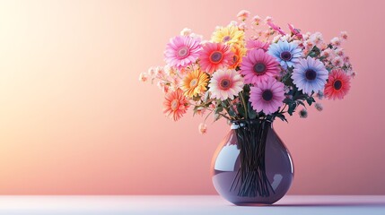 Vibrant bouquet of colorful flowers in a glass vase against a soft pink background.