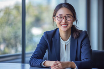 Wall Mural - A Chinese businesswoman in her 30s, wearing glasses, is happily smiling while sitting in her office in front of a window.