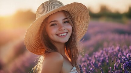 Beautiful young woman happy girl in a straw hat summer sundress dress walks in a lavender field at sunset outdoors Photography portrait : Generative AI