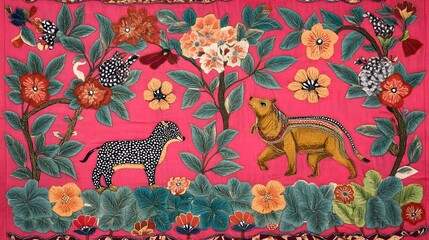 Wall Mural - Floral and animal motifs in a traditional Nakshi Kantha design, beautifully embroidered onto fabric, High quality, sharp images, graphic, illustration