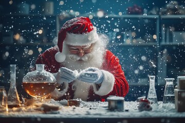 Santa claus creating christmas wonders in a laboratory surrounded by a snowy holiday landscape