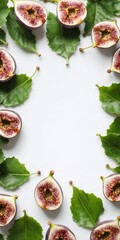 Wall Mural - Fresh figs with green leaves on white. Top view, copy space for text.