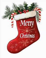 Wall Mural - A Christmas-themed stocking in red, decorated with candy canes and holly leaves,