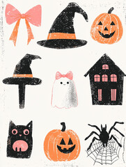 A hand-painted style illustration set featuring 9 Halloween-themed elements arranged in three rows