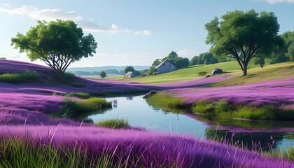 Wall Mural - Serene landscape of purple grass fields in a tranquil rural countryside, showcasing the beauty of nature and the touch of Generative AI artistry