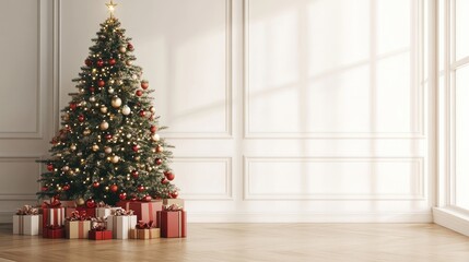 big beautiful christmas tree decorated with beautiful shiny baubles and many different presents on w