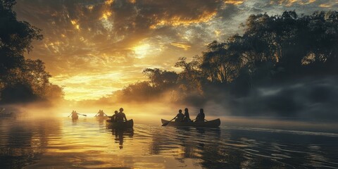 Sticker - Canoes on a misty lake at sunrise.