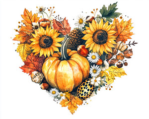 Sticker - A heart shape composed of pumpkins, acorns, and sunflowers in a leopard print