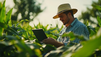 Poster - Farmer man in corn field works Business Farm Farmer with laptop in green corn field Agriculture concept Modern digital technologies Worker works on farm Agronomist on farm Silhouette : Generative AI