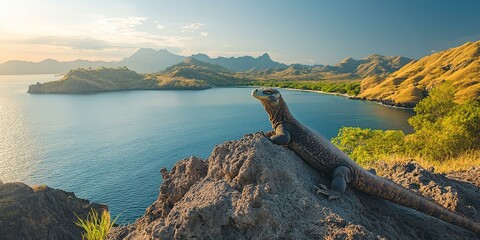 Lizard perched on rock overlooking ocean and islands.