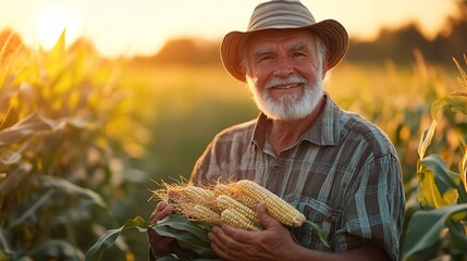 Portrait of senior farmer in corn field looking at camera holding crop in hands at sunset : Generative AI