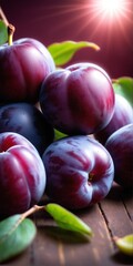 Wall Mural - Fresh purple plum fruits on dark wooden table.