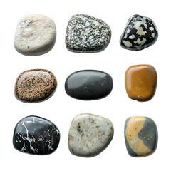 Set, collection of spa stones or river stones in various isolated on transparent background.