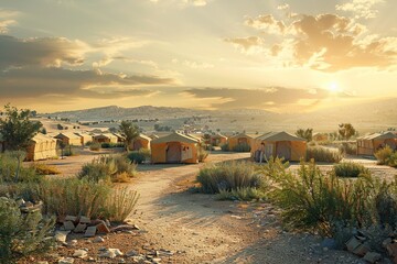 Canvas Print - Campsite in Desert Landscape with Golden Hour