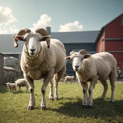 Countryside view with sheeps. Rural nature animals farm.