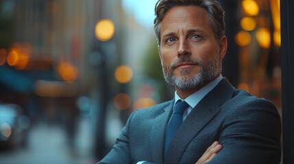 Wall Mural - A man in a suit stands confidently in an urban setting.