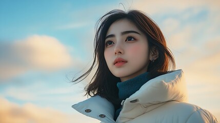 Portrait of a young Asian woman in a white jacket shot against a sky background : Generative AI