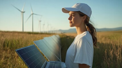 Aufkleber - Woman farmer wearing white cap and tshirt with laptop stands next to solar panel Wind turbines in the background : Generative AI