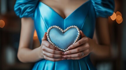 Poster - Woman wearing a formal blue satin dress holding a heartshaped handbag with pearls  detail closeup view Selective focus : Generative AI