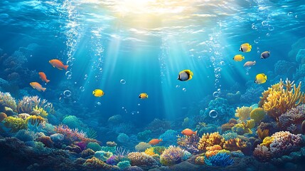 Wall Mural - Underwater scene with colorful coral reef, fish, bubbles, and sunbeams.