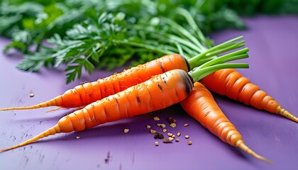 Vibrant Raw Carrots on Purple Table: A Healthy Antioxidant and Beta-Carotene Showcase with Blank Space for Creativity