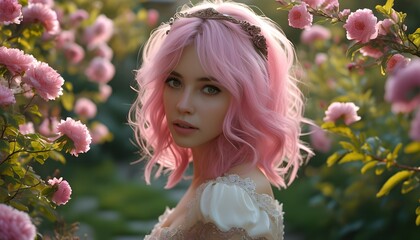 Wall Mural - Enchanting fairytale garden with woman featuring pink hair wandering through vibrant flower blossoms