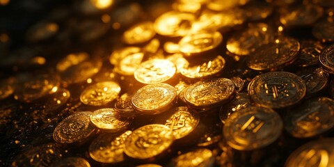 Shiny gold coins scattered in pile.