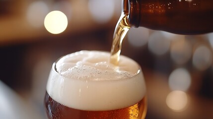 Poster - Beer is poured from dark brown bottle into beer glass Closeup light fresh beer poured into glass steamed up from cold Lager beer foams and pours from bottle into glass : Generative AI