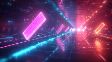 25. A digital landscape with floating neon arrows in RGB colors, moving through a grid of light, creating a sense of futuristic navigation.