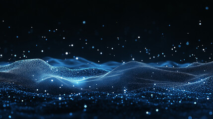 Image of horizontal lines of blue particles and undulating 3d landscape on black background. Communication technology, abstract digital interface background concept digitally generated image.