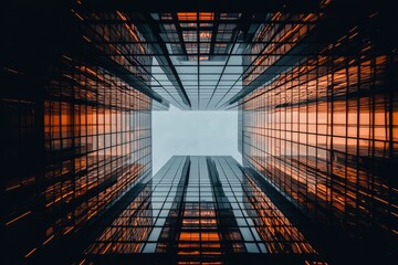 Poster - Looking Up at a Skyscraper Facade Reflecting Sunset Light