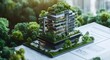 © DesignHubpro - A model of an eco-friendly building with architectural blueprints in the background and greenery on the roof surrounded by trees.  Concept of  Environmental Sustainability in Construction Blueprints.