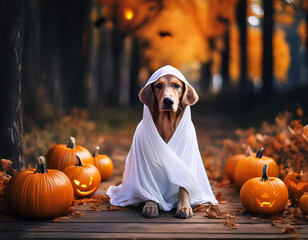 Wall Mural - Dog wearing a ghost costume sitting between pumpkins for Halloween.