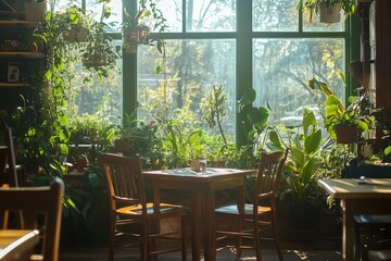 Aufkleber - A room featuring a table and chairs beside a large window