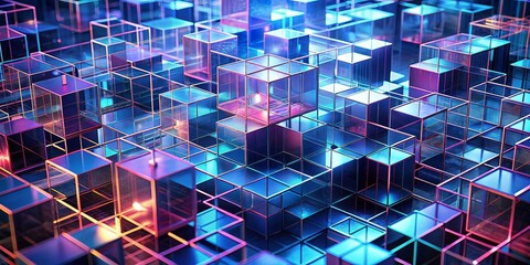 Wall Mural - Abstract Neon Cube Stack, 3D Render, Geometric Shapes, Neon, Abstract ,Cube, 3D