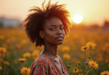 Portrait of a black woman standing in a field of sunflowers at sunset