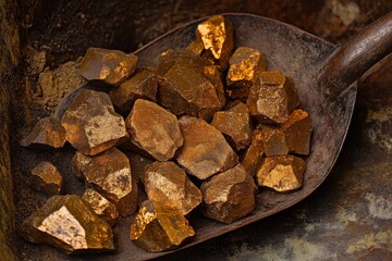 Poster - Close-up of gold nuggets in a scoop on a tabletop.
