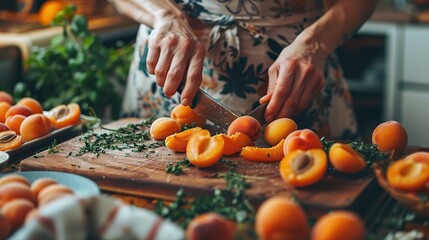 Canvas Print - Apricots being sliced on a cutting board