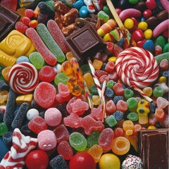 Candy – Overhead Shot of Colorful Candies Including Lollipops and Gummies on a Vibrant Background
