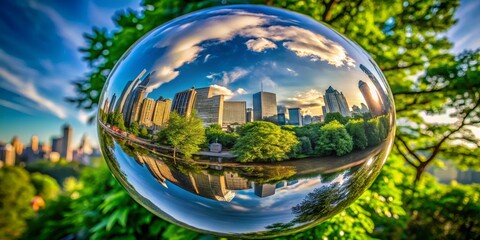 Cityscape Reflected in a Shiny Sphere, Urban Nature, Reflection, City, Sky ,