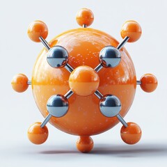 Abstract Molecular Structure Design with Vibrant Orange Orb and Silver Atoms