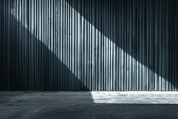 Wall Mural - A Gray Corrugated Metal Wall with Sunlight and Shadows Casting on a Concrete Floor