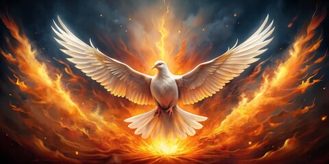 Dove of Fire, Digital Painting, White Dove with Spread Wings, Flames and Smoke, Divine, Holy Spirit, Religious Art