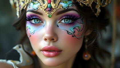 Wall Mural - Vibrant close-up of a womans eyes adorned with fantasy carnival makeup, showcasing intricate designs and bold colors