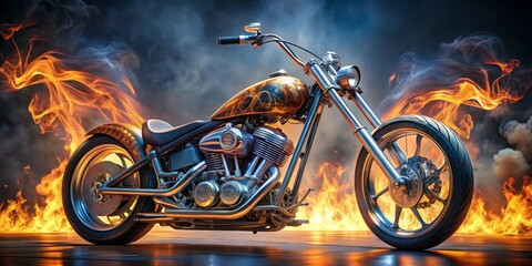 Fiery Chopper - 3D Render, Chrome Motorcycle, Flames, Smoke, Motorcycle, Chopper, Chrome