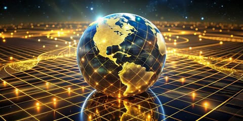 Wall Mural - Global Network Grid with Illuminated Earth, 3D Rendering, Futuristic Technology, Global Network, Technology, Network