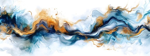 An abstract watercolor painting of flowing liquid gold and silver, in light blue and dark gray tones with hints of copper on a white background