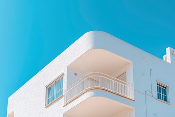 Wall Mural - White Building Corner with Balcony and Windows Against a Blue Sky