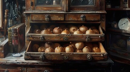 Still Life with Onions in Vintage Cabinet